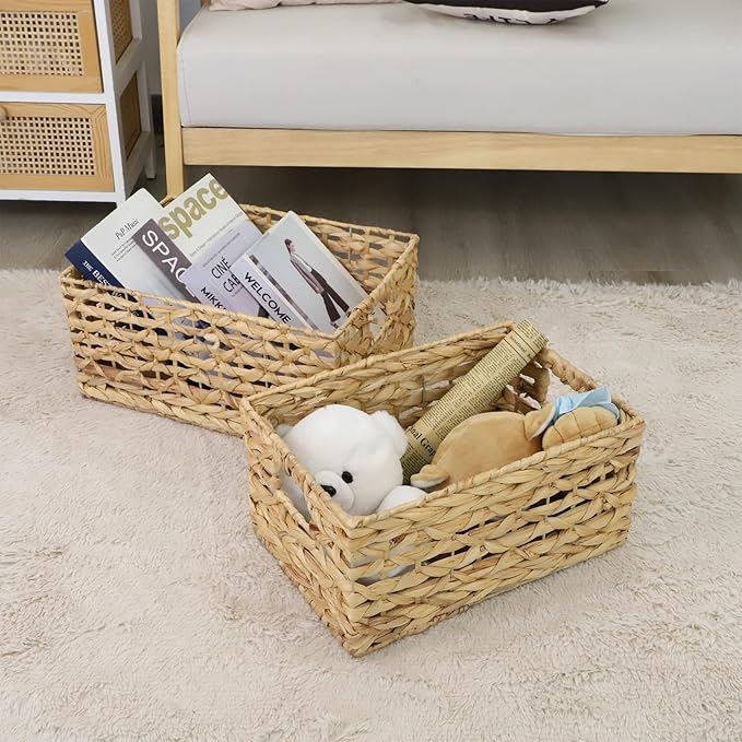 GYASVWU Rectangular Water Hyacinth Storage Basket, Wicker Baskets for Organizing,Hyacinth Baskets with Handle, Decorative Rattan Basket for Bathroom/Bedroom/Shelves/Living Room (Large)