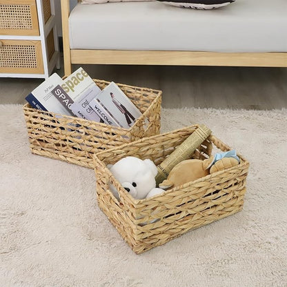 GYASVWU Rectangular Water Hyacinth Storage Basket, Wicker Baskets for Organizing,Hyacinth Baskets with Handle, Decorative Rattan Basket for Bathroom/Bedroom/Shelves/Living Room (Large)