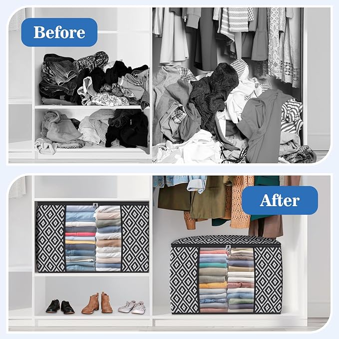 StorageTastic Direct 100L, 4 Pack, Storage Containers, Large Clothes Storage Bins Foldable Organization and Storage Bags with Reinforced Handle, Clear Window for Bedding, Blankets, Clothing, Black