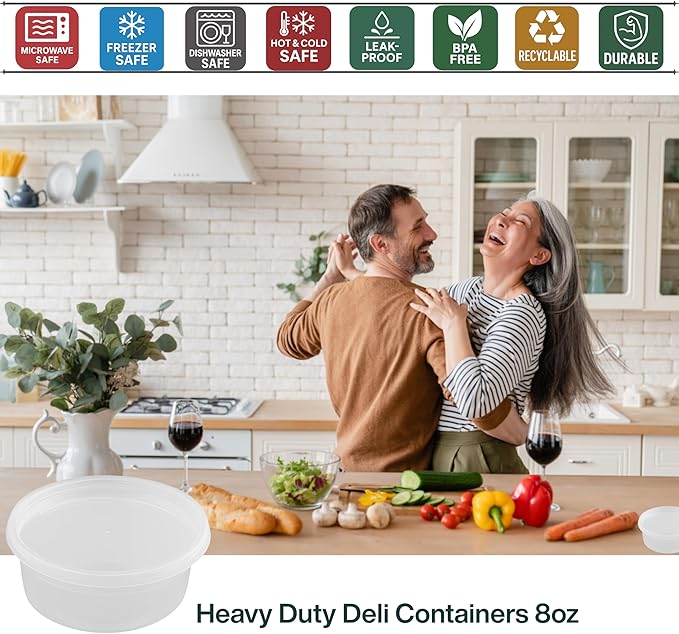 ProTakeOut 8oz [36 set] Heavy Duty Plastic Deli Container | BPA-Free Food Storage with Airtight Leak‑Proof Lids | Microwave, Freezer & Dishwasher Safe – Stackable, Bulk Reusable Soup & Meal Prep Tub