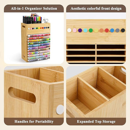 Marker Organizer for Desk - 154 Capacity Wooden Marker Holder - Ergonomic Handles - Additional Art Supply Storage Rack for 130 Alcohol Markers, Pens, and Pencils - Desktop Stand for Markers - Bamboo