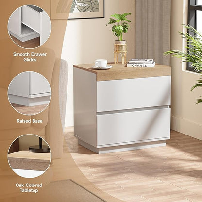 HOCAT Nightstand with Oak Top, 23.7" White Night Stand with 2 Drawers, Modern Bedside Table Wood End Table for Bedroom