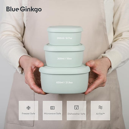 BLUE GINKGO Nesting Silicone Containers - Set of 3 Hard-Shell Silicone Food Storage Containers | BPA Free, Airtight, Dishwasher and Freezer Safe (6.7oz, 10oz, 20oz) - Green