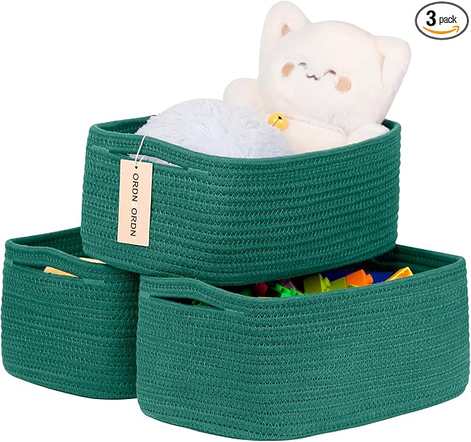 Small Storage Baskets for Organizing, Woven Storage Bins for Shelves, Gift Basket Empty, Cute Decorative Closet Organizer, Baby Rope Basket, Dog Toy Storage, 12.6x8.2x5”, 3Packs Green