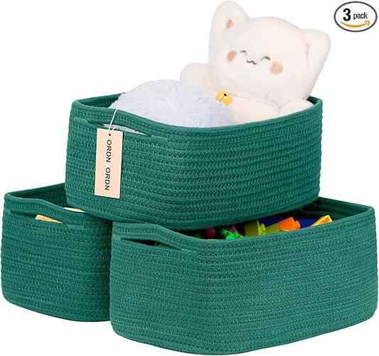 Small Storage Baskets for Organizing, Woven Storage Bins for Shelves, Gift Basket Empty, Cute Decorative Closet Organizer, Baby Rope Basket, Dog Toy Storage, 12.6x8.2x5”, 3Packs Green