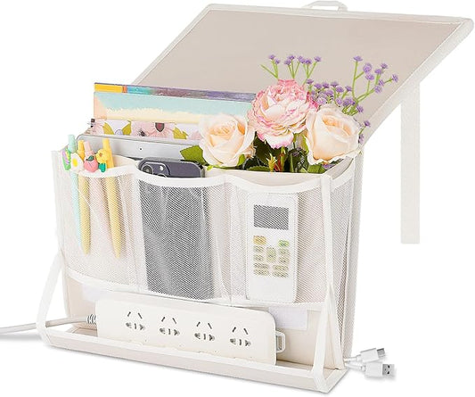 Retyion Bedside Caddy Bedside Storage Organizer Bedside Organizer with Power Strip Holder and 2 Adjustable Straps for Home Bunk Bed College Dorm Sofa (White)