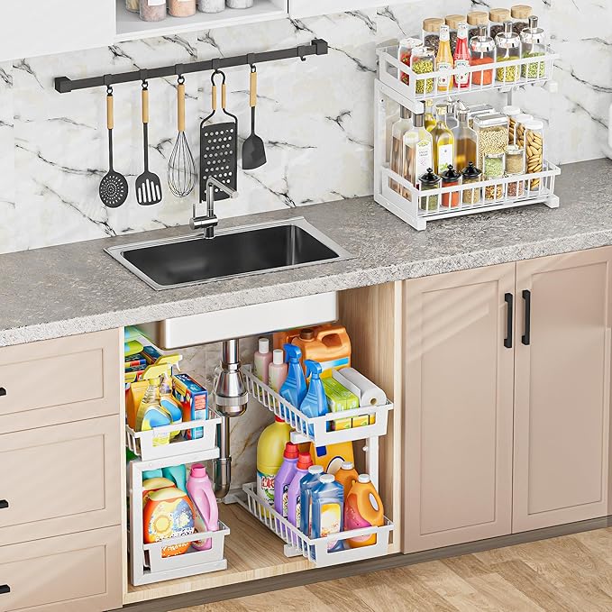 Under Sink Organizer 2 Pack, 2 Tier Adjustable Height Reinforced Carbon Steel Under Kitchen Bathroom Sink Storage Organizer, Smooth Pull-Out Under Sink Cabinet Rack Drawer Organizer, White