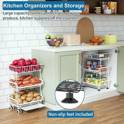 3-Tier Rolling Pantry Floor Organizer and Storage Cart with Wheels, Stackable Wire Pantry Baskets for Pantry Shelves, Kitchen Storage Rack and Fruit Basket Stand for Fruit Snack Onion Potato