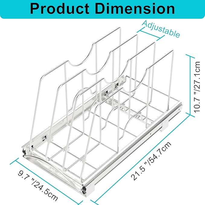STORKING Pull Out Cookie Sheet Organizer for Cabinet, Pan and Pot, Cutting Board, Bakeware, Tray Organizer Rack, Sliding Rack- Heavy Duty, Adjustable Divider Width, 10" W x 22" D x 11" H, Chrome