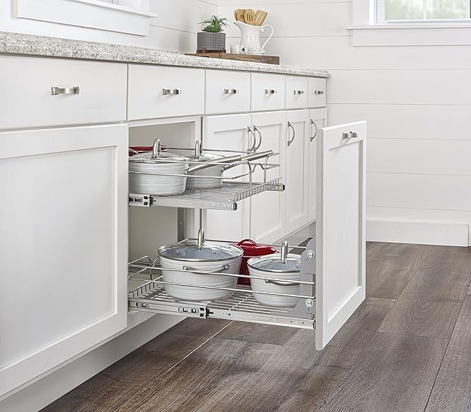 Rev-A-Shelf 2 Tier Pull Out Under Sink Organizer, 21 x 22 Inch, Steel Wire Pots and Pans Organizer, Tape Measure Included