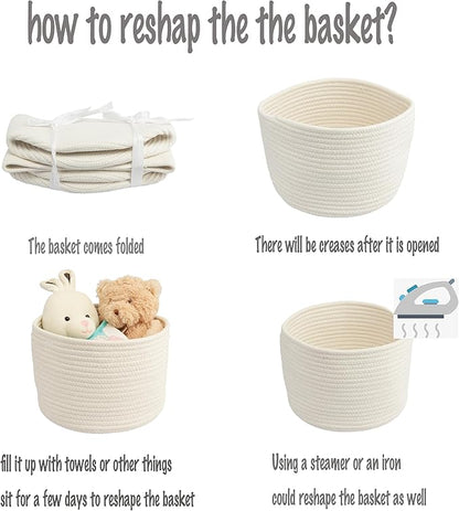 Woven Cotton Storage Baskets - 3-Pack Round Bins (10x10x7'') for Shelves, Closets & Bookcases | Durable Rope Organizers for Nursery, Baby, Toys, Easter & More (white)