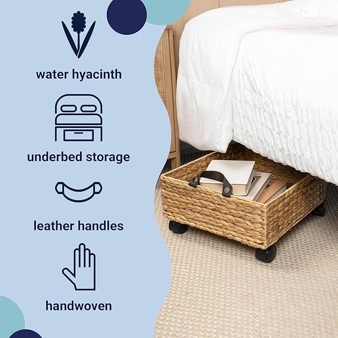 happimess BSK2014A Adaline 18.11" Classic Farmhouse Handwoven Hyacinth Rectangular Underbed Storage Bin with Wheels and Handles for Storage and Decoration in Bathroom, Bedroom, Entryway, Natural