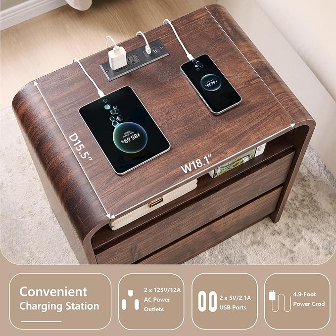 Aitjunz 25" Tall Modern Nightstand Set of 2, 23.6'' Wide Wood Bedside Table w/2 Storage Drawers, Charging Station,Mid Century End Table for Bedroom, Living Room, Curved Profile Design, Brown