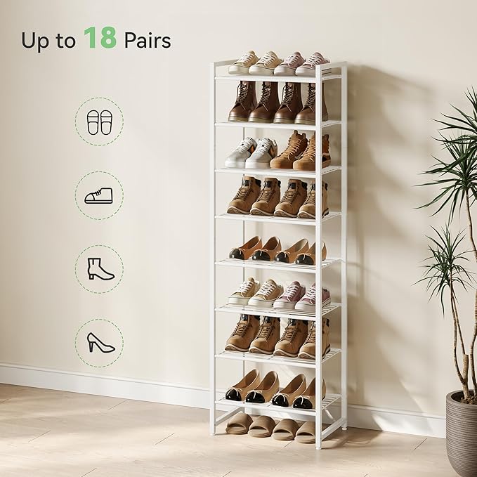 Narrow Shoe Rack, 8-Tier Metal Shoe Organizer,Tall Shoe Shelf with Anti-Tip Strap, Max Holds 18 Pairs,Space Saving for Closet,Entryway,White