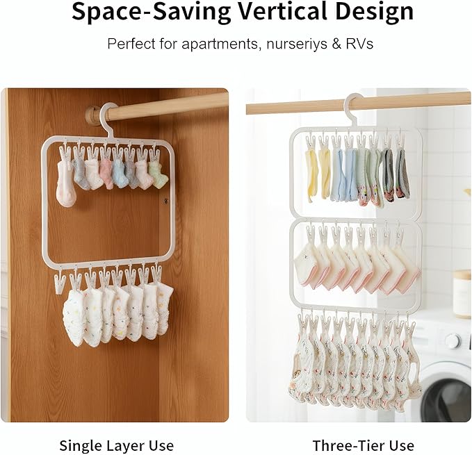 Multi-Layer Clothes Drying Rack with 26 Non-Slip Clips, BPA-Free Portable Hanging Laundry Rack for Baby Clothes, Socks and Underwear, Space-Saving Drip Hanger for Apartment（Off-White）
