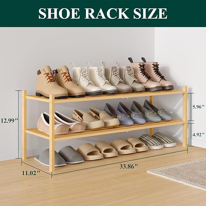 Smiry Long Bamboo Shoe Rack 2-Tier, Stackable Wooden Shoe Organizer for Entryway & Closet, Free Standing Wood Shoe Storage Shelf for Front Door & Small Spaces, Natural