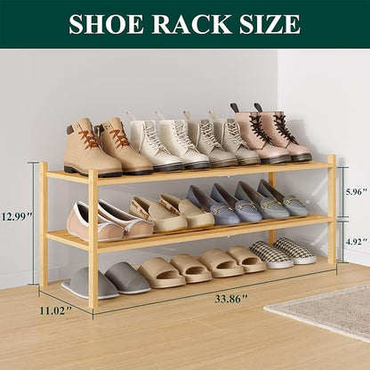 Smiry Long Bamboo Shoe Rack 2-Tier, Stackable Wooden Shoe Organizer for Entryway & Closet, Free Standing Wood Shoe Storage Shelf for Front Door & Small Spaces, Natural