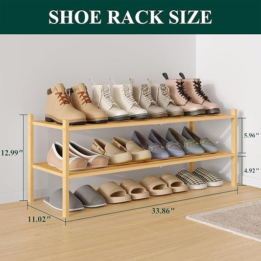 Smiry Long Bamboo Shoe Rack 2-Tier, Stackable Wooden Shoe Organizer for Entryway & Closet, Free Standing Wood Shoe Storage Shelf for Front Door & Small Spaces, Natural