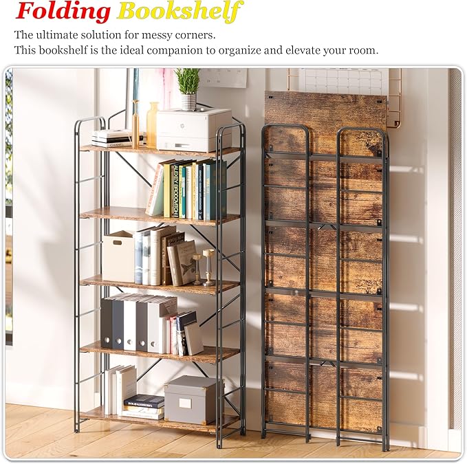 UDD Folding Bookshelf No Assembly, 54.1"H x 23.7"W, 5 Shelf Foldable Bookcase Industrial Collapsible Bookshelves, Open Storage Book Shelves for Small Spaces Home Office Living Room, Rustic Brown Black