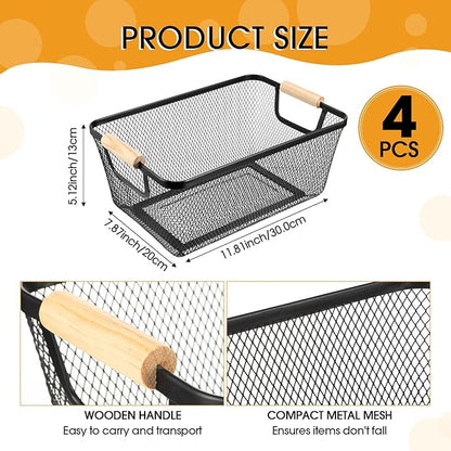 4 Pcs Metal Wire Basket with Wooden Handles Mesh Steel Storage Organizer Bin Containers for Home Organizing Cabinet Pantry Closet Kitchen Fridge Fruit Makeup Snacks Gifts(Medium,Black)