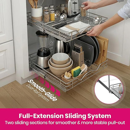 HOLDN’ STORAGE Two Tier Pull Out Cabinet Organizer, Individual Sliding Drawers - Heavy Duty Metal with Lifetime Limited Warranty - Anti Rust Chrome Finish - 12" W x 21”D x 16.5" H
