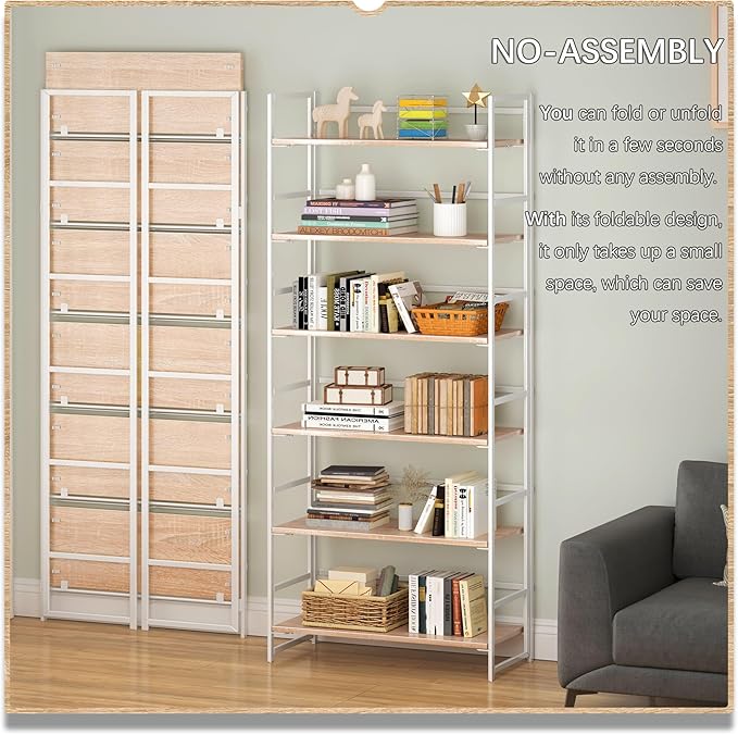 4NM No Assembly 6 Tiers Collapsible Book Shelves, 61.8" H Folding Bookshelf Bookcase Open Industrial Foldable Shelves for Bedroom, Living Room, Home Office - Natural White
