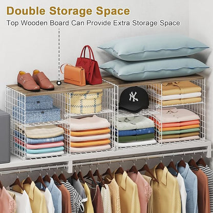 2 Pack Closet Shelf Organizer, Closet Organizers and Storage Shelves With Adjustable Dividers, Stackable Storage Bins Baskets For Clothes Sweaters Jeans Jackets, With Wooden Board, 8 Compartments