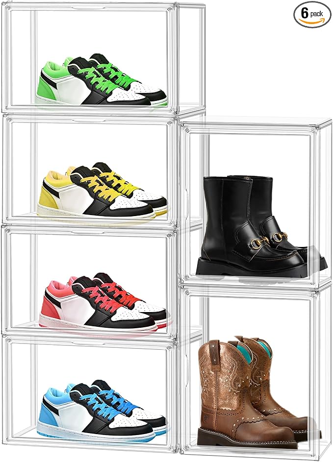 EZJOB X-Large Clear Shoe Storage Box Stackable Shoes Box Acrylic Sneaker Display Case Shoe Boots Organizer with Lid, 6 Pack