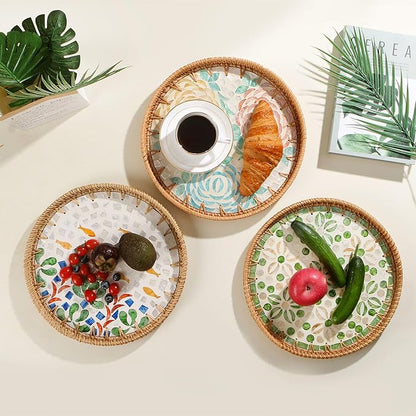 Round Rattan Tray with Mother of Pearl Inlay, Decorative Wicker Serving Tray with Wooden Base, Woven Basket Trays for Bread Fruits Coffee, Starfruit