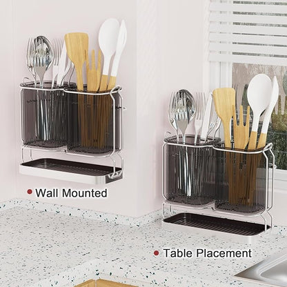 First-zgel Utensil Holder Counter, 6.7" Plastic Silverware Caddy, Utensil Holder for Party, 2 Cup Flatware Organizer for Kitchen Wall Mount, Forks Spoons Knives Storage with Drain Tray (Black)
