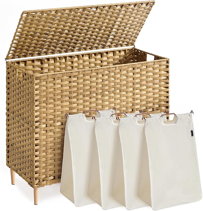 SONGMICS Laundry Hamper with Lid, PE Rattan Laundry Basket with Removable Liner, Storage Basket for Bedroom Living Room, 4-Section Sorter, 55.4 Gallons (210 L), Goose Yellow ULCB224YE01