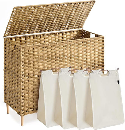 SONGMICS Laundry Hamper with Lid, PE Rattan Laundry Basket with Removable Liner, Storage Basket for Bedroom Living Room, 4-Section Sorter, 55.4 Gallons (210 L), Goose Yellow ULCB224YE01