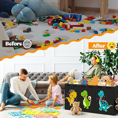 Extra Large Toy Box, Collapsible Toddlers Toy Chest Kids Storage Organizer, Dinosaur Bin Boxes Storage Basket with Lids for Boys, Girls, Living Room, Nursery, Playroom, 40"x14"x16", Black