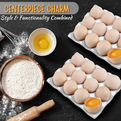 Flexzion 12 Cups Ceramic Egg Holder for Fridge - Dozen Ceramic Egg Tray Porcelain Container Storage Organizer Decorative Serving Stand Serveware for Refrigerator Countertop Display (White, 2 Pack)