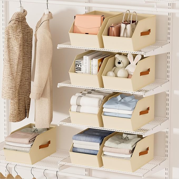 Large Closet Storage Cubes - Closet Storage Bins with Dual Handles for Clothes, Towels, Toys, Shelf Organizer Bins for Bedroom, Nursery, Shelves, Small Spaces, Beige, 4 Pack