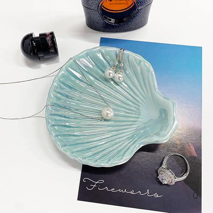 GO2HEJING Ring Dish Shell Shape Ceramic Jewelry Dish Tray, Decorative Trinket Dish Organizing Rings Earrings Necklaces Keys for Mom Friend Sister, 3.9", Blue Iridescent Surface