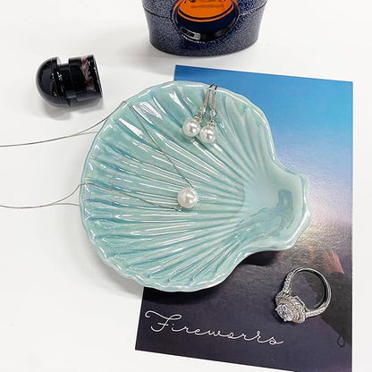 GO2HEJING Ring Dish Shell Shape Ceramic Jewelry Dish Tray, Decorative Trinket Dish Organizing Rings Earrings Necklaces Keys for Mom Friend Sister, 3.9", Blue Iridescent Surface