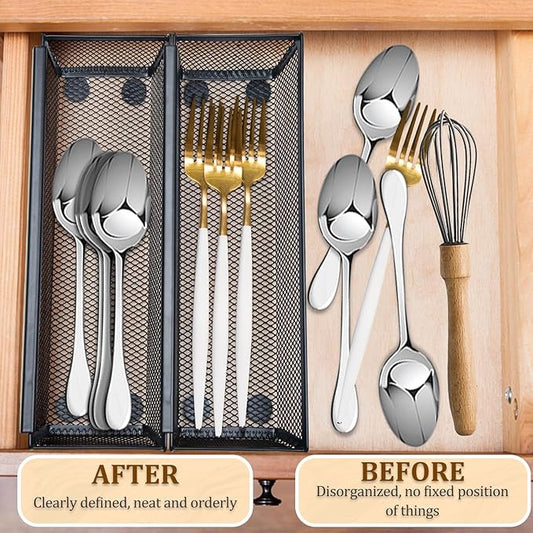 2PCS Drawer Organizer for Kitchen,Utensil Mesh Drawer Organizer with Interlocking Arm for Cosmetic,Flatware,Pen (9 * 3 * 2 Inches,Black)