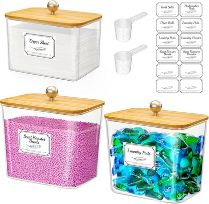 Lifewit Large Laundry Pods Container& Dryer Sheet Holder, Laundry Storage Containers, Laundry Room Organization Storage Jars for Powder, Scent Booster Beads,Bamboo Lid,0.53+0.7 gal,3 Pcs