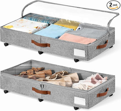 KitHero 6 Inches Under Bed Storage with Wheels Pack of 2, Underbed Shoe Storage Container Bin with Clear Lid Cover, Rolling Under Bed Drawer Bag Basket for Shoe Organizer Sheet Sweater - Grey