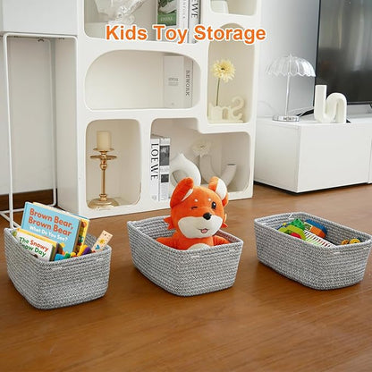 Small Storage Baskets for Organizing, Woven Storage Bins for Shelves, Gift Basket Empty, Cute Decorative Closet Organizer, Baby Rope Basket, Dog Toy Storage, 12.6x8.2x5”, 3Packs Mixed Gray