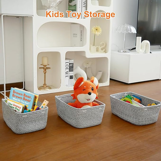 Small Storage Baskets for Organizing, Woven Storage Bins for Shelves, Gift Basket Empty, Cute Decorative Closet Organizer, Baby Rope Basket, Dog Toy Storage, 12.6x8.2x5”, 3Packs Mixed Gray