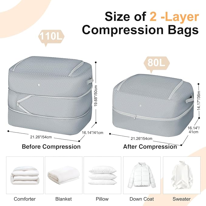 Easortm Comforter Storage Bag - 110L Large Capacity Blanket Storage Bags 2-Layer Ultra Space Saving Self Compression Organizer, Washable Compression Bags for Storage Comforter Blanket, 1-Pack, Grey