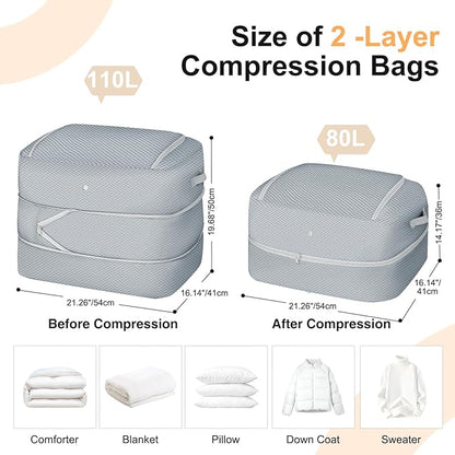 Easortm Comforter Storage Bag - 110L Large Capacity Blanket Storage Bags 2-Layer Ultra Space Saving Self Compression Organizer, Washable Compression Bags for Storage Comforter Blanket, 1-Pack, Grey