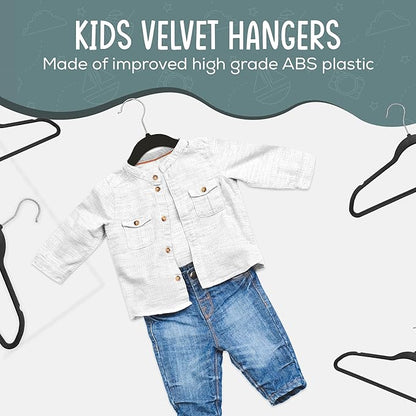 TechZoo 50 Premium Kids Velvet Hangers - 14" Non-Slip Clothes Hangers for Kids & Preteens - Ultra Slim, Space-Saving, Strong & Durable Hangers with 360° Swivel Hook - Black