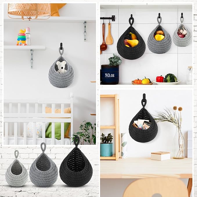 Honeydak Boho Decor Hanging Wall Baskets for Kitchen 3 Pack Teardrop Baskets with Hooks Storage Fruit Onion Vegetable Potato for Home 3 Sizes(Light Grey, White, Dark Grey,Cotton Rope)
