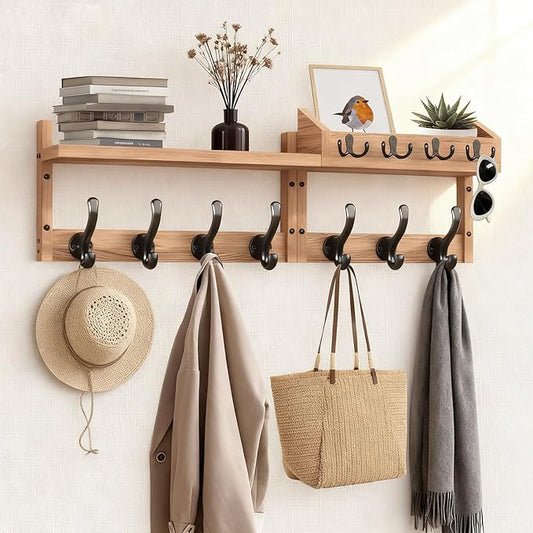 29" Coat Rack Wall Mount with Shelf, 4 in 1 Wall Mounted Coat and Key Hanger with 11 Hooks, Entryway Key Holder with Mail Holder for Living Room, Bedroom