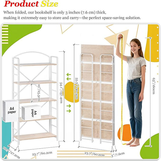 UDD Folding Bookshelf No Assembly, 54.1" H x 23.7" W, 5 Shelf Foldable Bookcase Industrial Collapsible Bookshelves, Open Storage Book Shelves for Small Spaces Home Office Living Room, Light Oak White