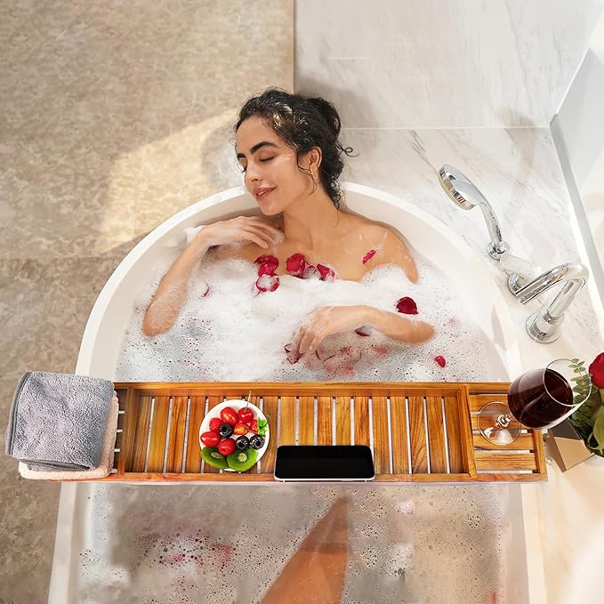 VaeFae Teak Bathtub Tray, Wooden Bath Caddy for Bathtub, Bath Tub Wood Table for Tub