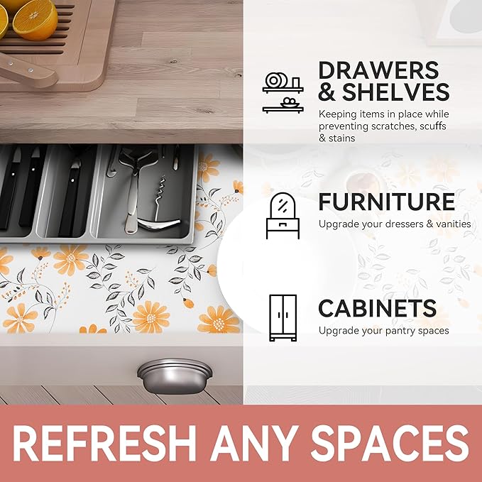 RAY STAR Shelf Liner, Non Adhesive Daisy Floral Printed Cabinet Liner for Pantry Drawer, Strong Grip Non Slip Waterproof, Shelf Liners for Kitchen Cabinets Organization 18 Inch x 8 FT (2 Rolls)